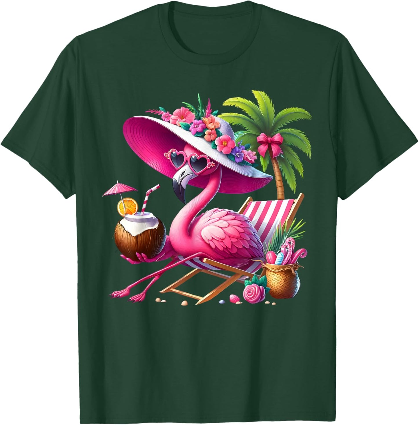 Flamingo Pink Palm Tree Tropical Beach Summer Holiday Women T-Shirt - T-Shirt | Forest