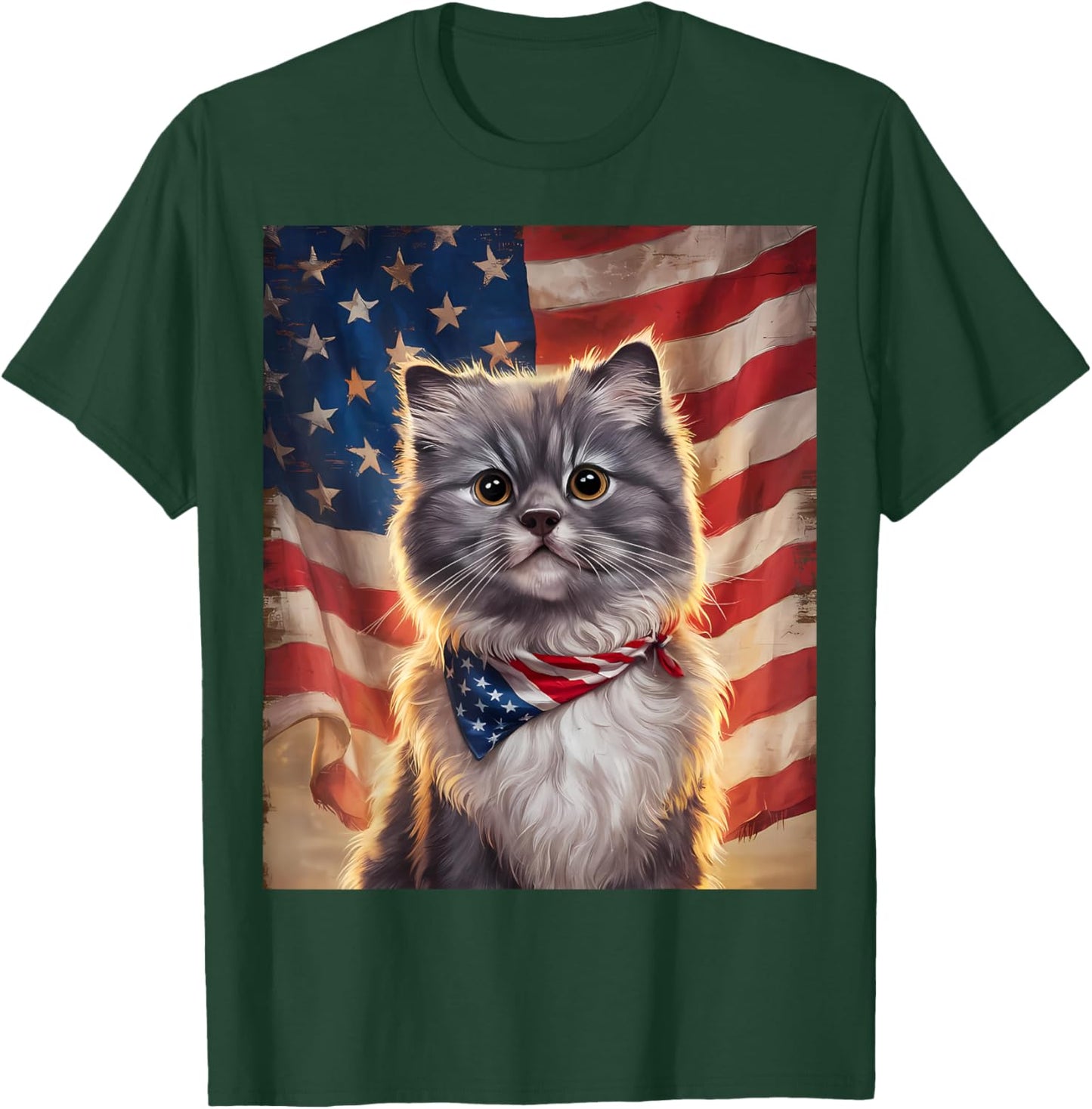 Cute Fluffy Gray Cat American Flag Independence Day T-Shirt - T-Shirt | Forest
