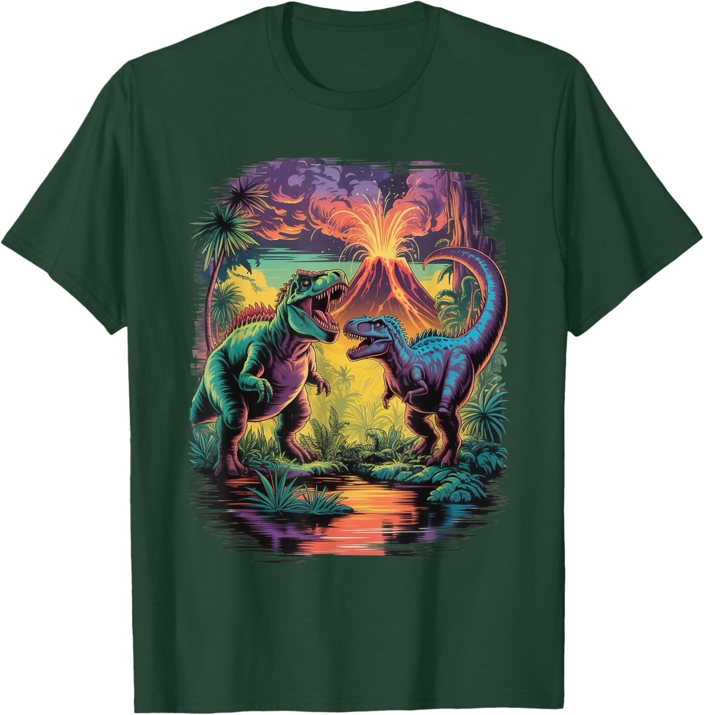 Vintage Retro 90s Airbrushed Dinosaur Volcano Scene T-Shirt - T-Shirt | Forest