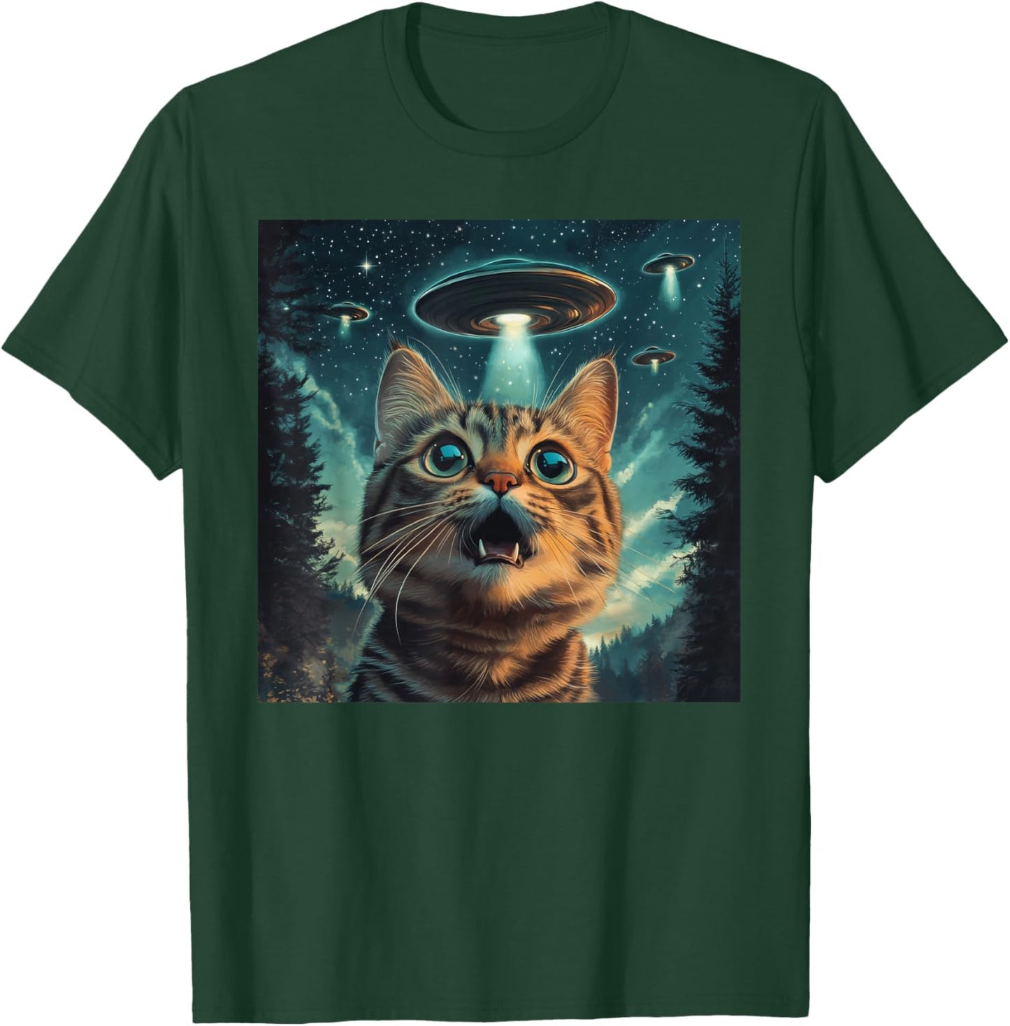 Cat Selfie With Alien UFO Funny Cat Men Women Kids T-Shirt - T-Shirt | Forest
