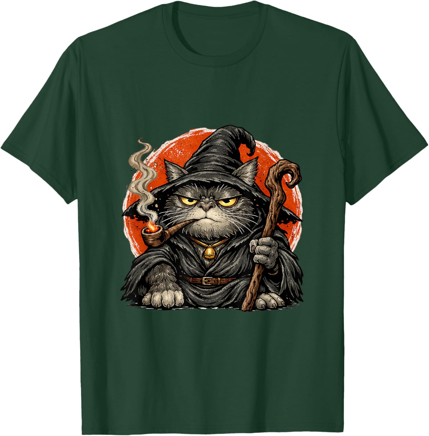 Funny Japanese Cat Wizard Smoking Pipe Mystical Feline Mage T-Shirt - T-Shirt | Forest