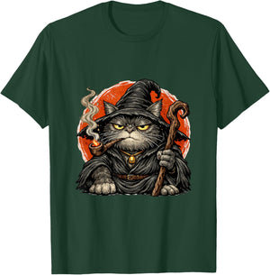 Funny Japanese Cat Wizard Smoking Pipe Mystical Feline Mage T-Shirt - T-Shirt | Forest