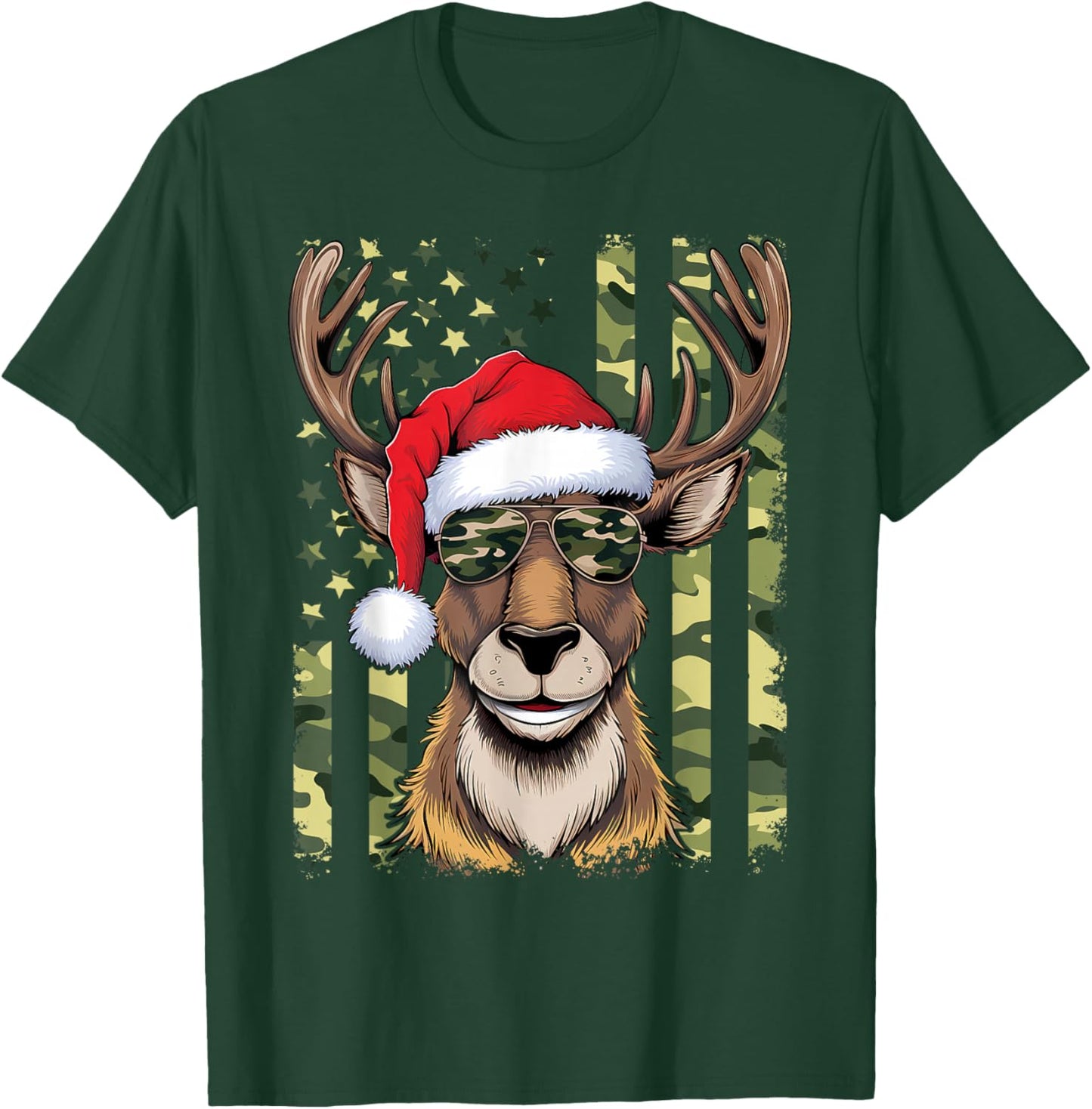 Reindeer Camo American Flag Christmas Pajama X-Mas Veteran T-Shirt - T-Shirt | Forest
