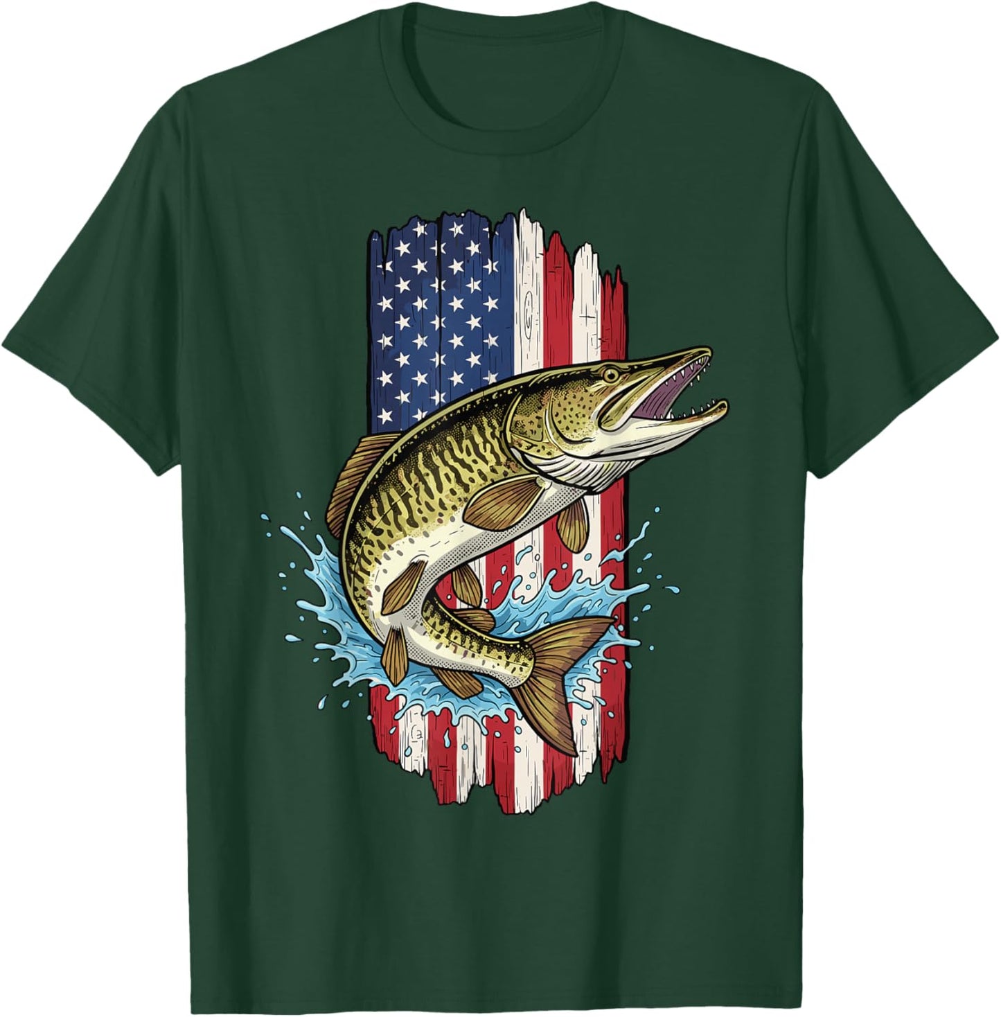 Musky Fishing, American Flag with Musky T-Shirt - T-Shirt | Forest
