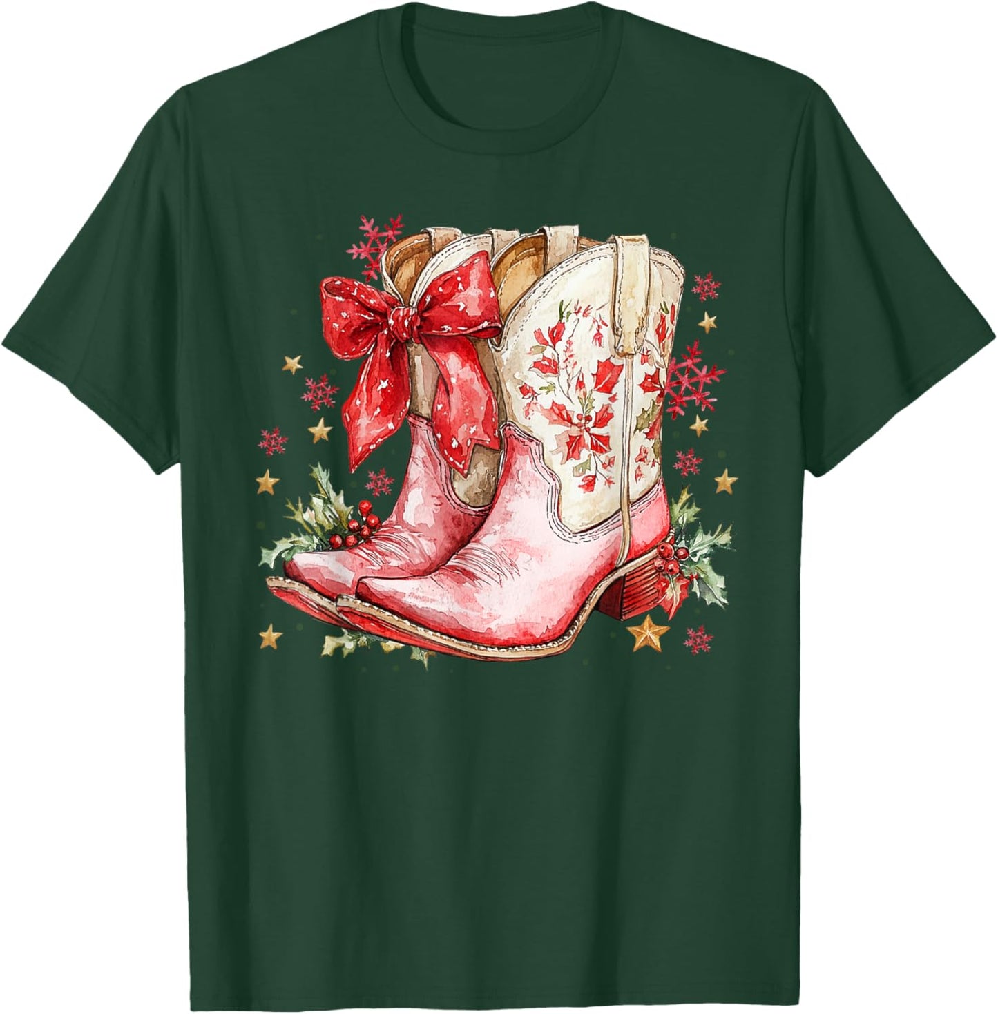 Western Christmas Family Pajamas Bow Cowgirl Cowboy Boots T-Shirt - T-Shirt | Forest