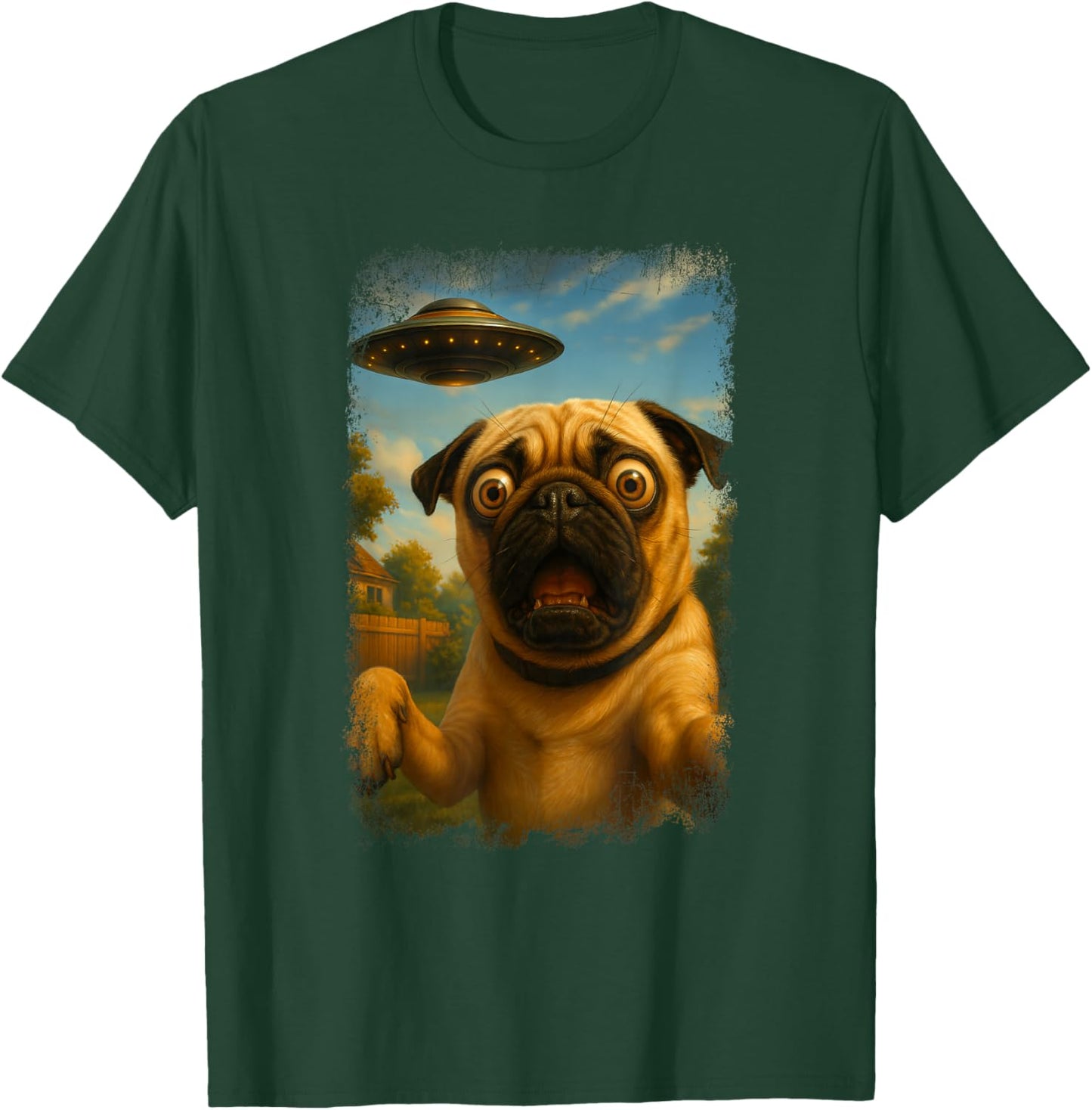 Distressed Pug UFO Selfie with Alien Humor T-Shirt - T-Shirt | Forest
