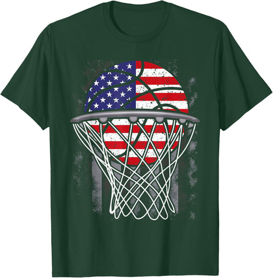 Kids 4th of July Basketball USA Flag Kids Youth Boys Girls T-Shirt - T-Shirt | Forest