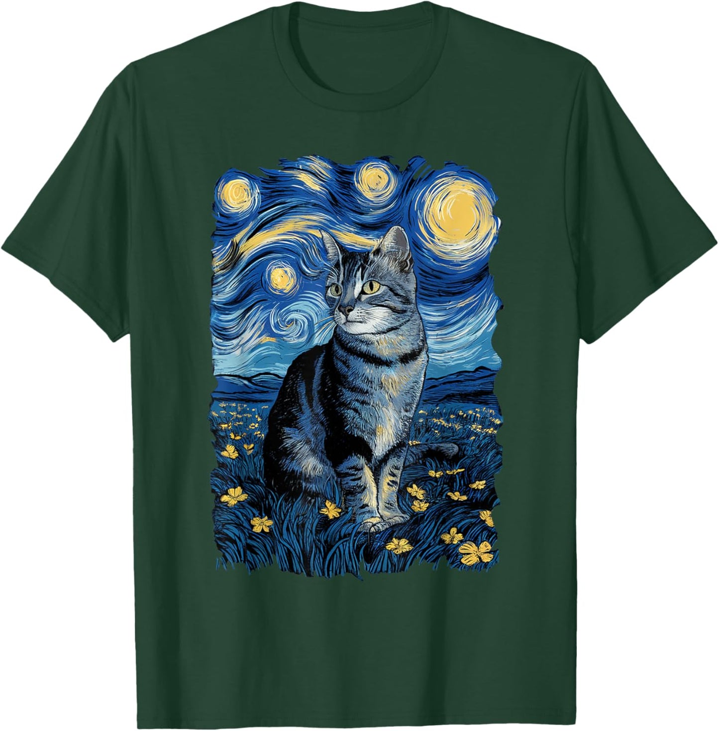 Van Gogh Cat Gifts Tabby Cat Owners Cat Lady Black Men Cat T-Shirt - T-Shirt | Forest