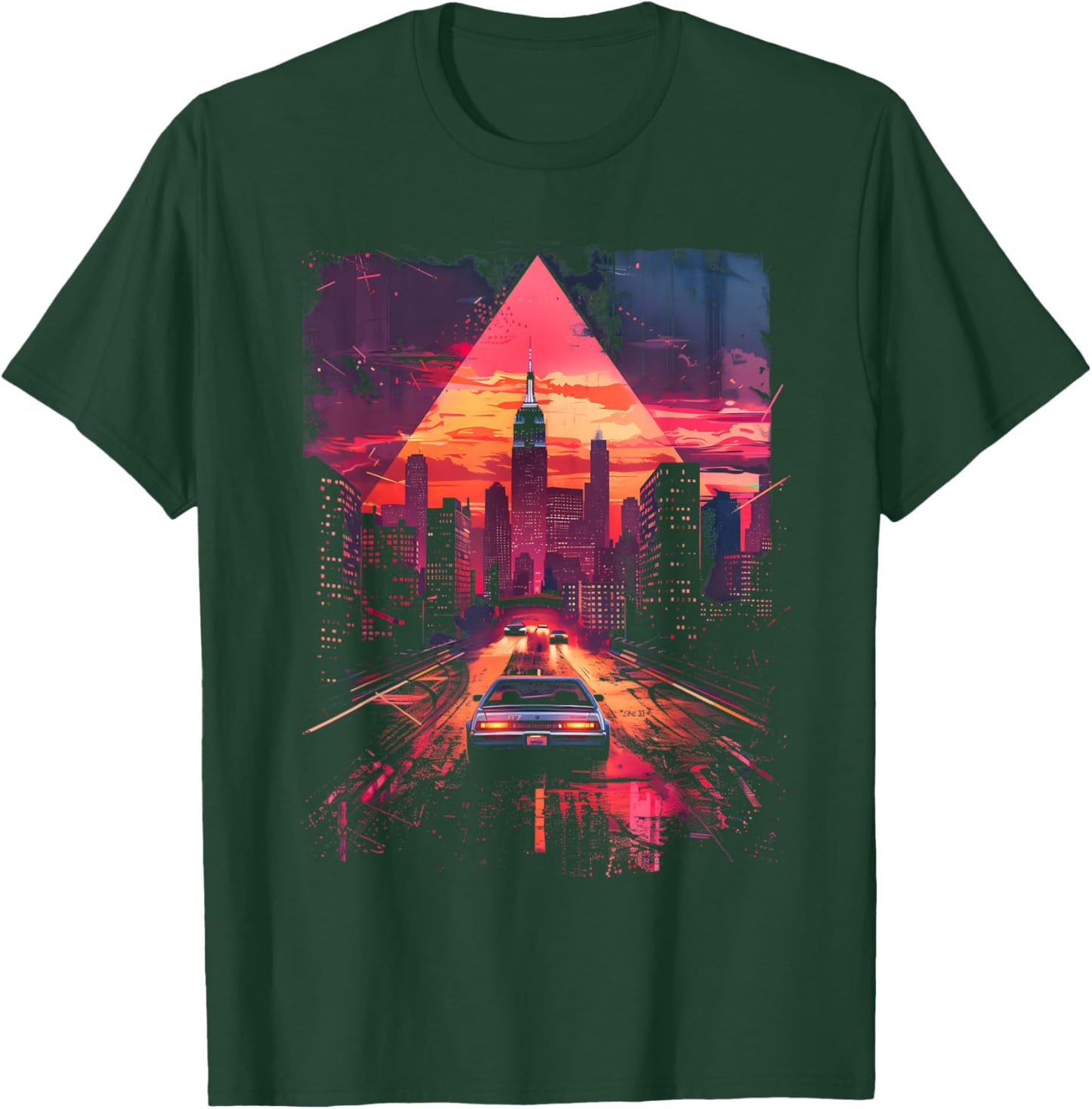 Retro Car 1980s 1990s Retrowave Aesthetic City Skyline T-Shirt - T-Shirt | Forest