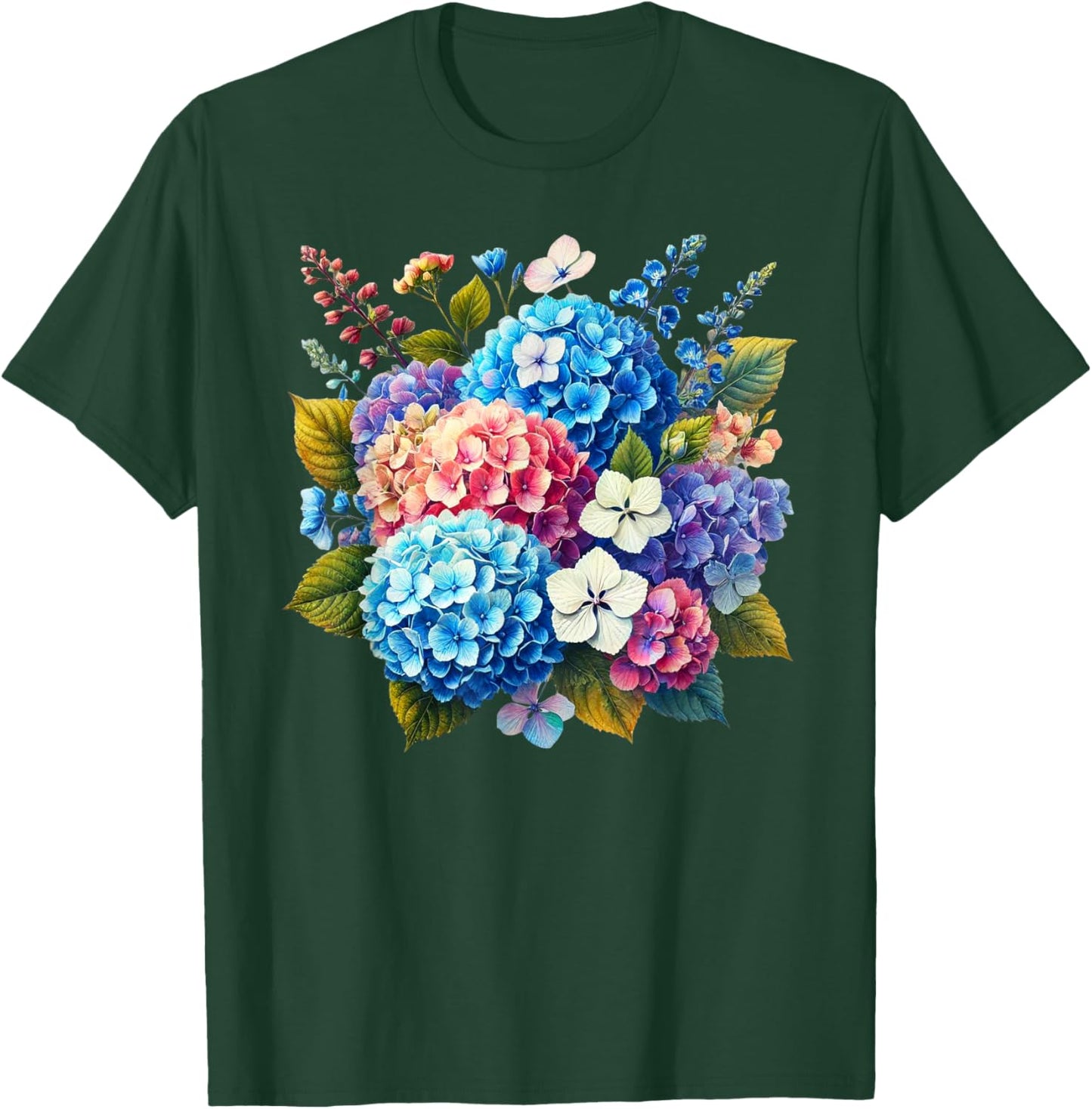 Multicolored Hydrangea Hortensia Flowers Shapes Mania T-Shirt - T-Shirt | Forest