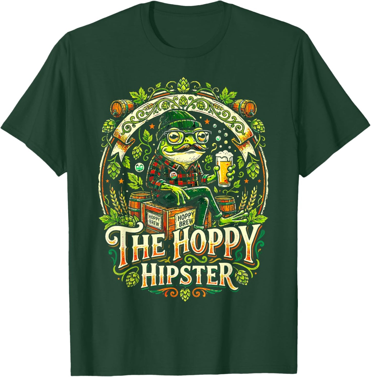 Hoppy Hipster Frog Mustache Beer Lover IPA Brew Merch Design T-Shirt - T-Shirt | Forest