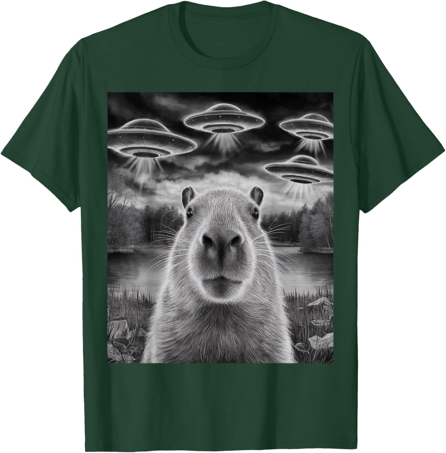 Funny Capybara Selfie with UFOs Weird Design Women Men T-Shirt - T-Shirt | Forest
