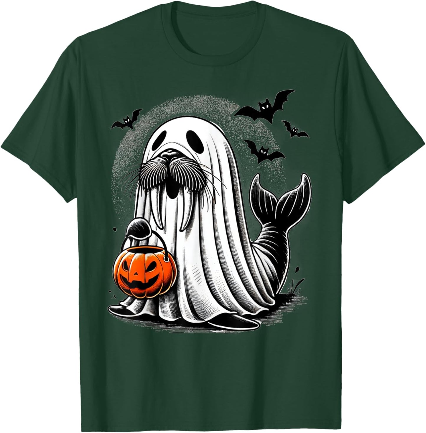 Funny Halloween Seal Ghost Costume Walrus Holding Pumpkin T-Shirt - T-Shirt | Forest