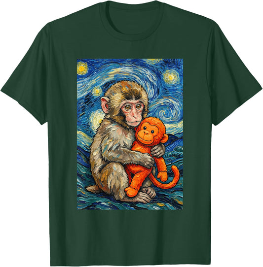 Cute Baby Monkey Punch Meme Starry Night Van Gogh T-Shirt - T-Shirt | Forest