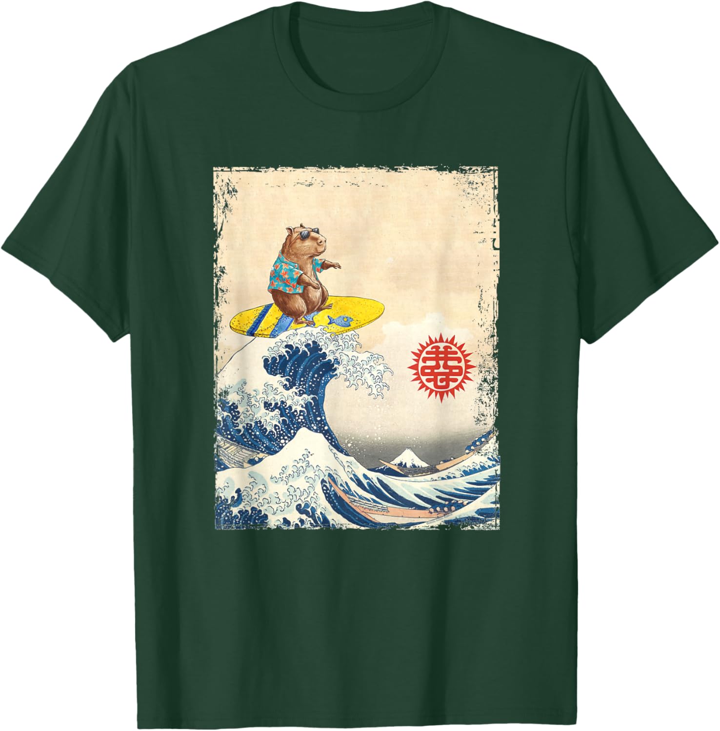 Cute Japanese Great Wave Kanagawa Surfing Capybara T-Shirt - T-Shirt | Forest
