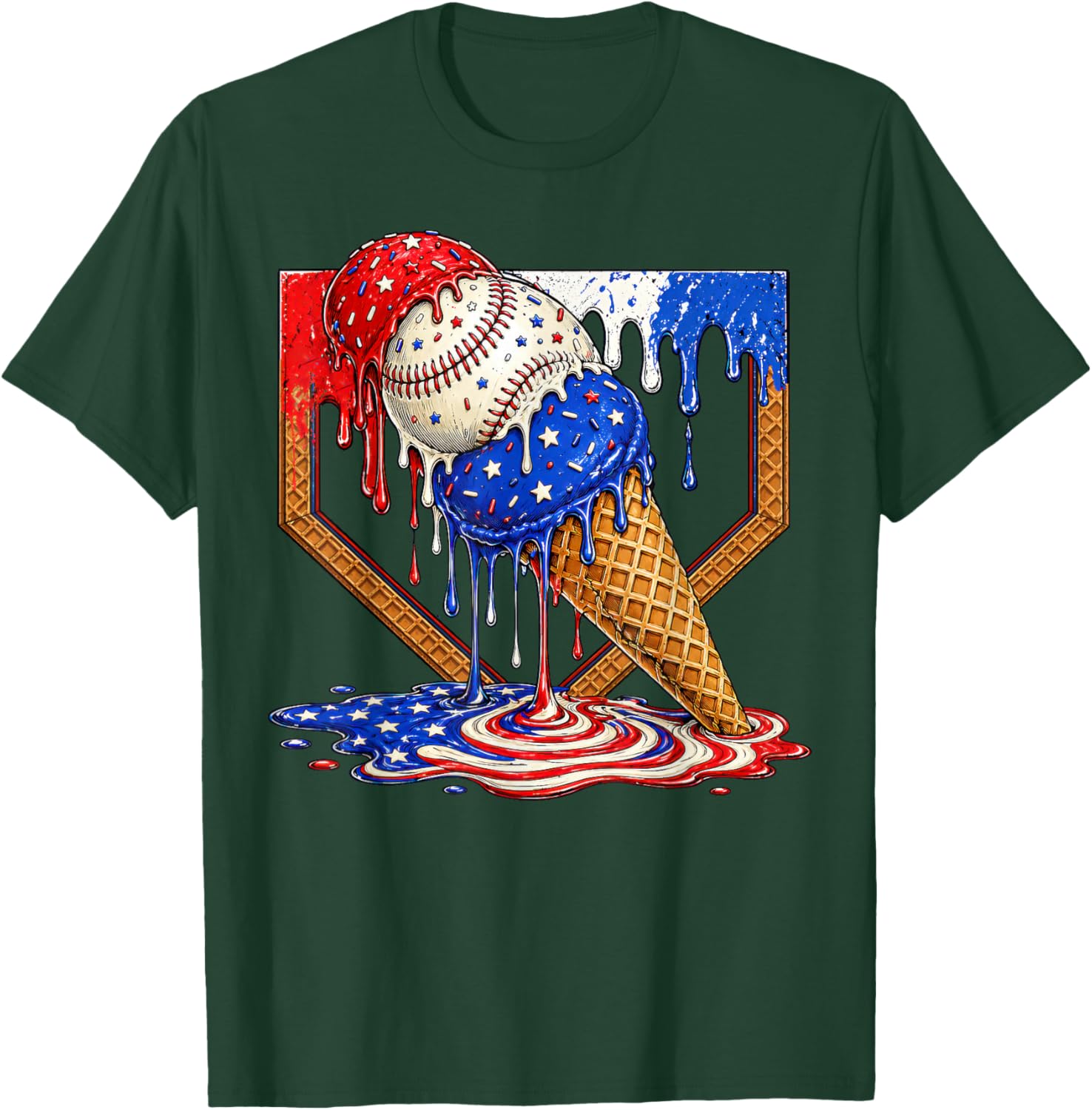 Baseball Ice Cream Drip 4th of July Shirts Boys Youth Kids T-Shirt - T-Shirt | Forest