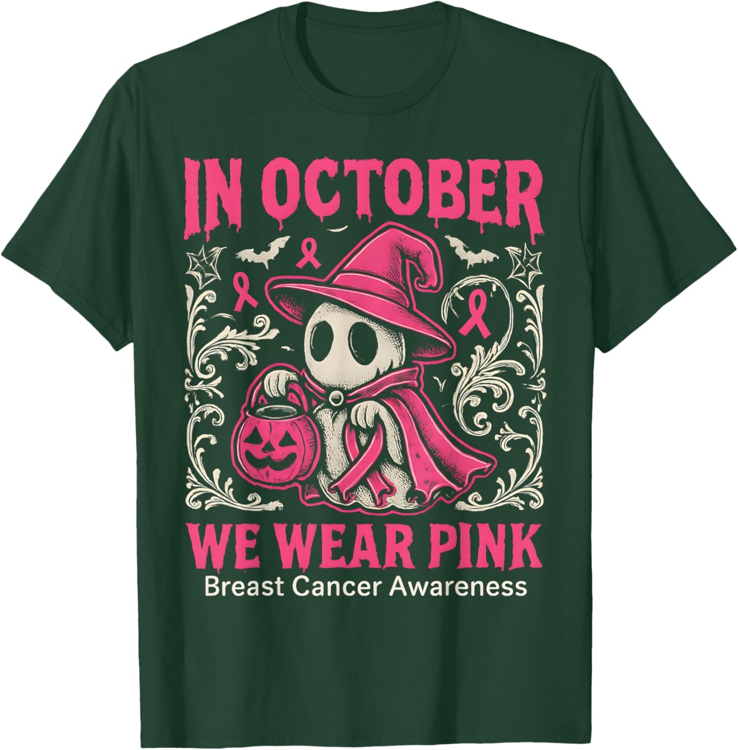 in October We Wear Pink Ghost Halloween Women Breast Cancer T-Shirt - T-Shirt | Forest
