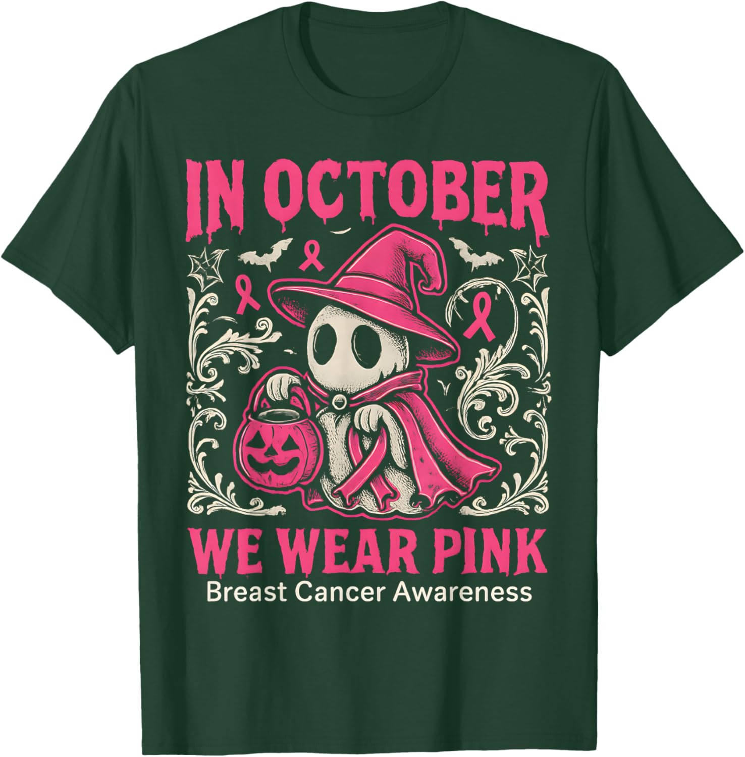 in October We Wear Pink Ghost Halloween Women Breast Cancer T-Shirt - T-Shirt | Forest