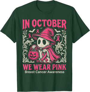in October We Wear Pink Ghost Halloween Women Breast Cancer T-Shirt - T-Shirt | Forest