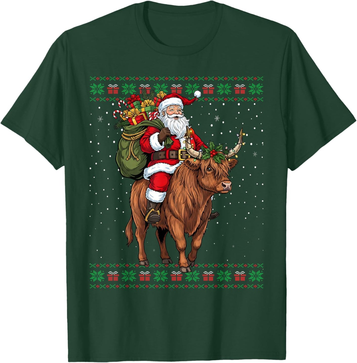 Santa Riding Highland Cow Ugly Christmas Sweater T-Shirt - T-Shirt | Forest