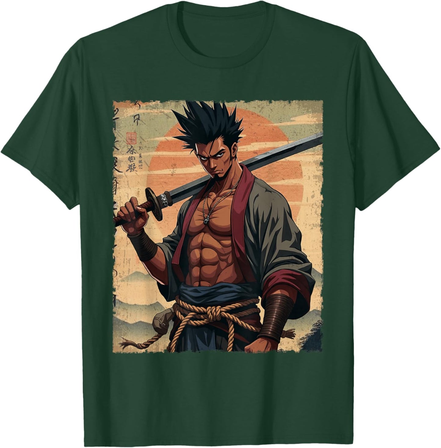 African Samurai Anime Afro American Bushido Warrior Katana T-Shirt - T-Shirt | Forest