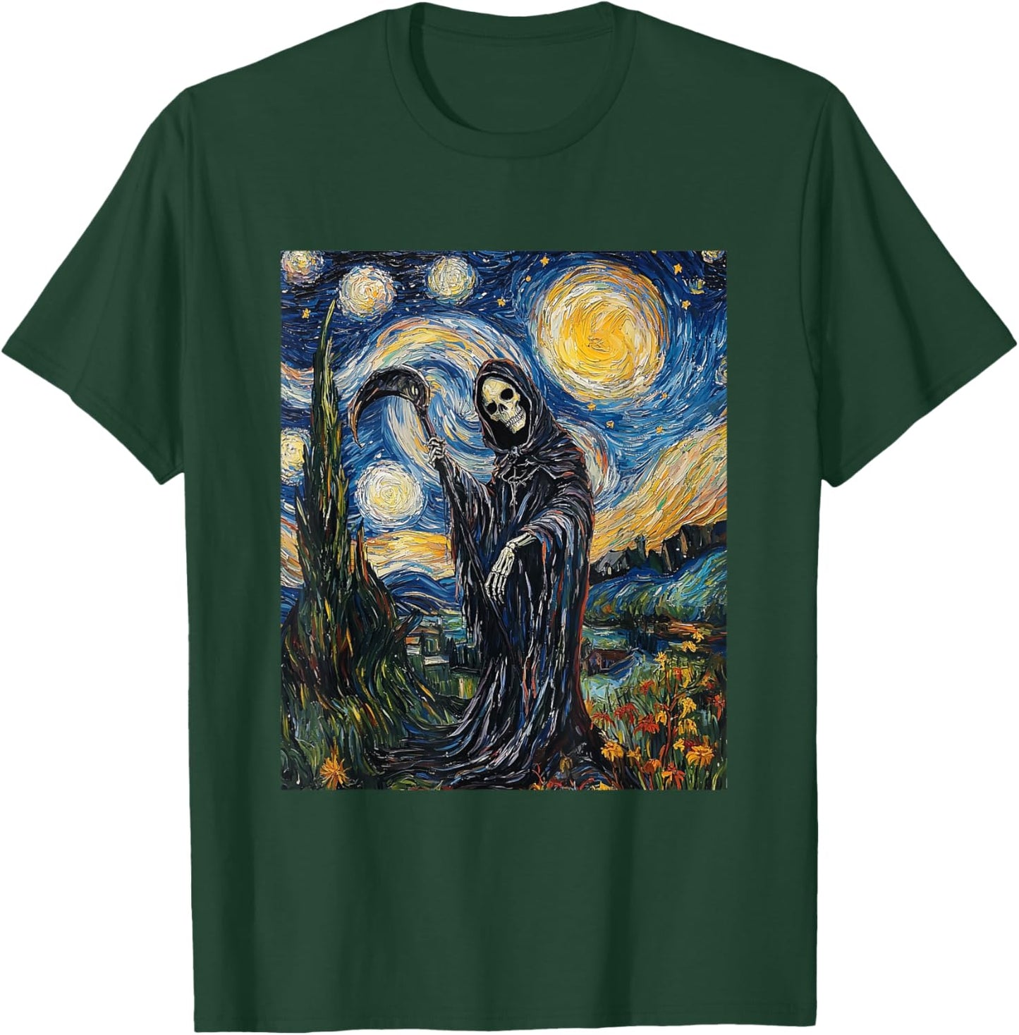Grim Reaper Skeleton - Van Gogh Style - Starry Night T-Shirt - T-Shirt | Forest