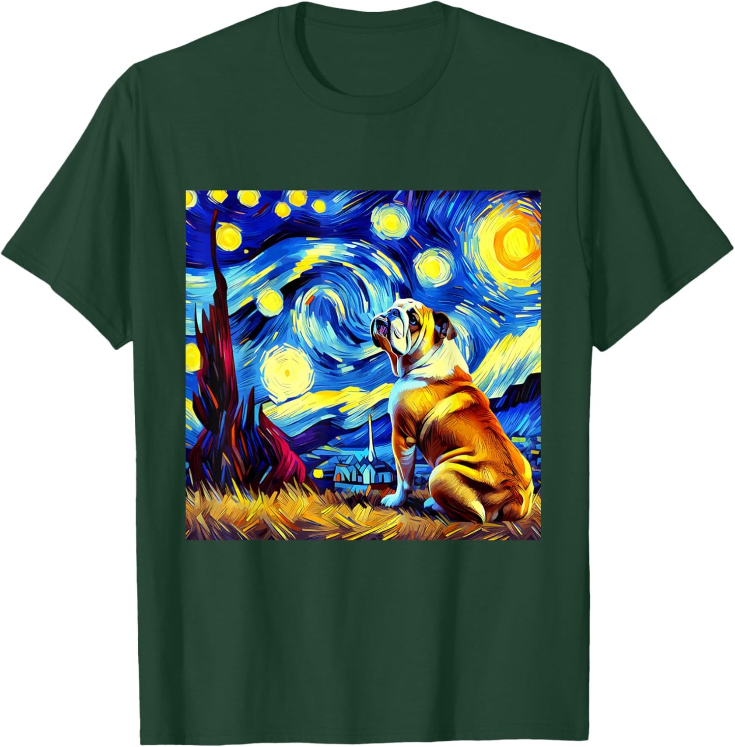 French Bulldog Van Gogh Starry Night Animal Frenchie Dog T-Shirt - T-Shirt | Forest