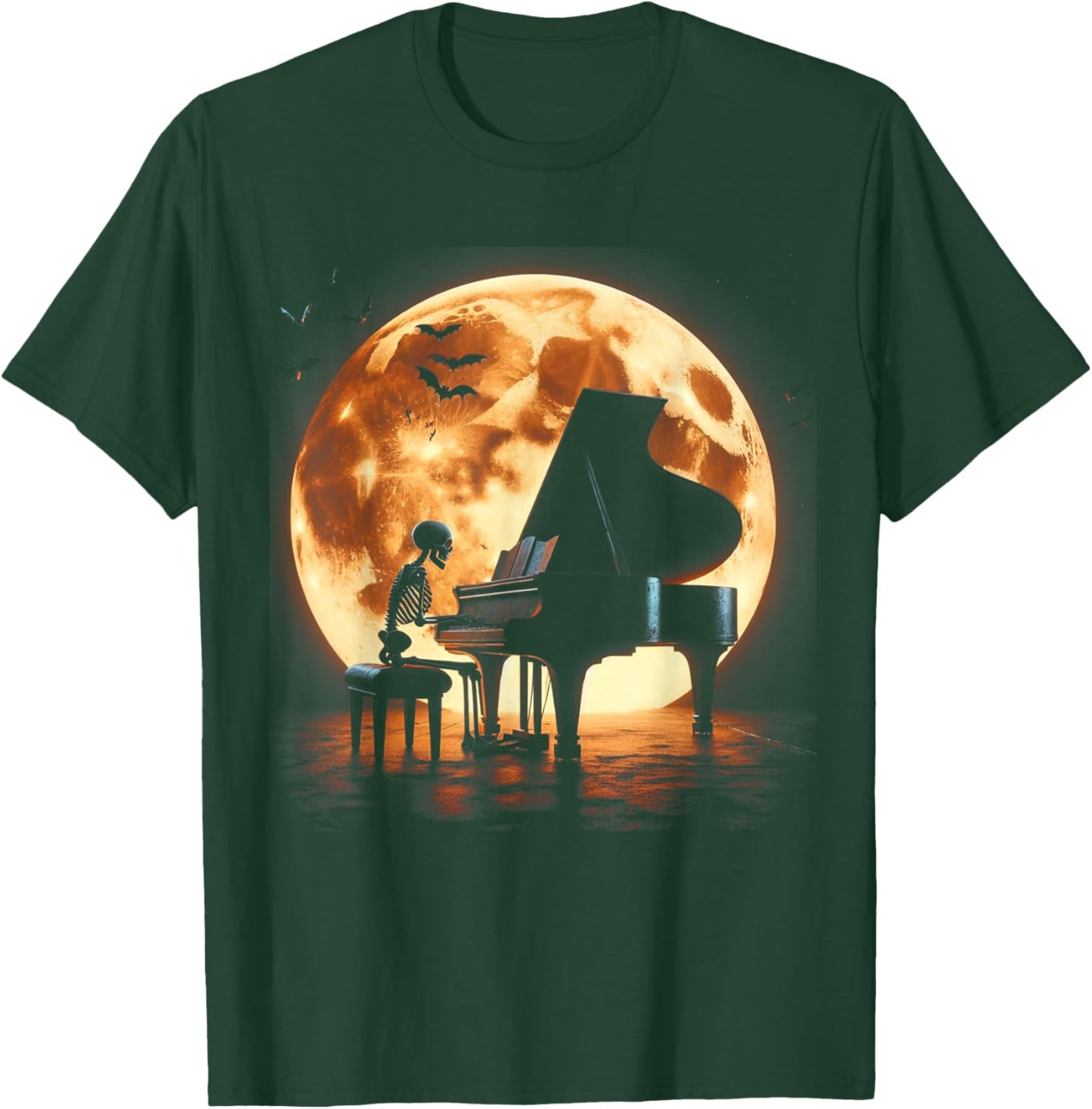 Skeleton Playing Piano Moon Halloween Music T-Shirt - T-Shirt | Forest