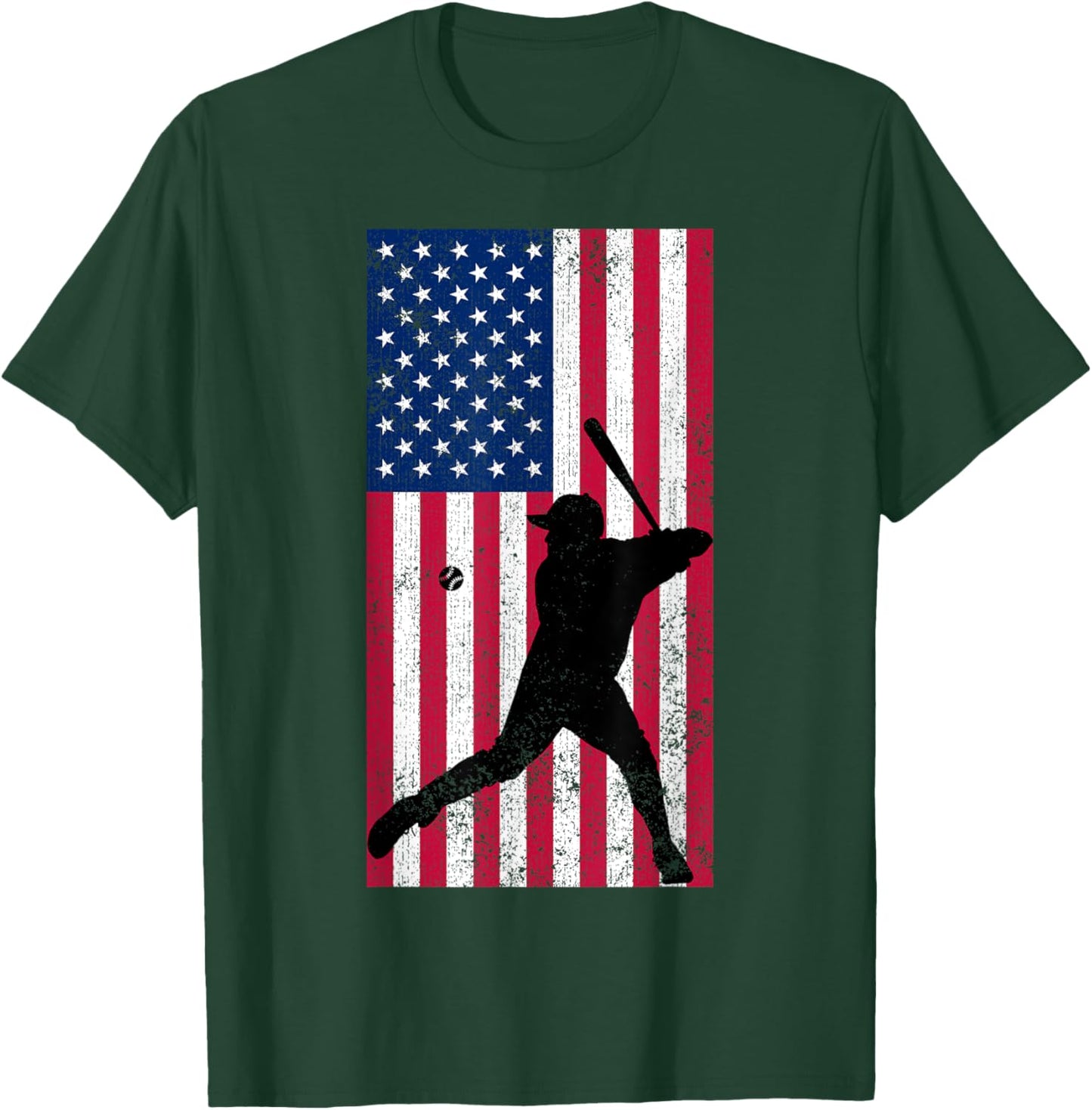 Baseball Player Distressed American Flag USA Patriotic Sport Women Kids Men T-Shirt - T-Shirt | Forest