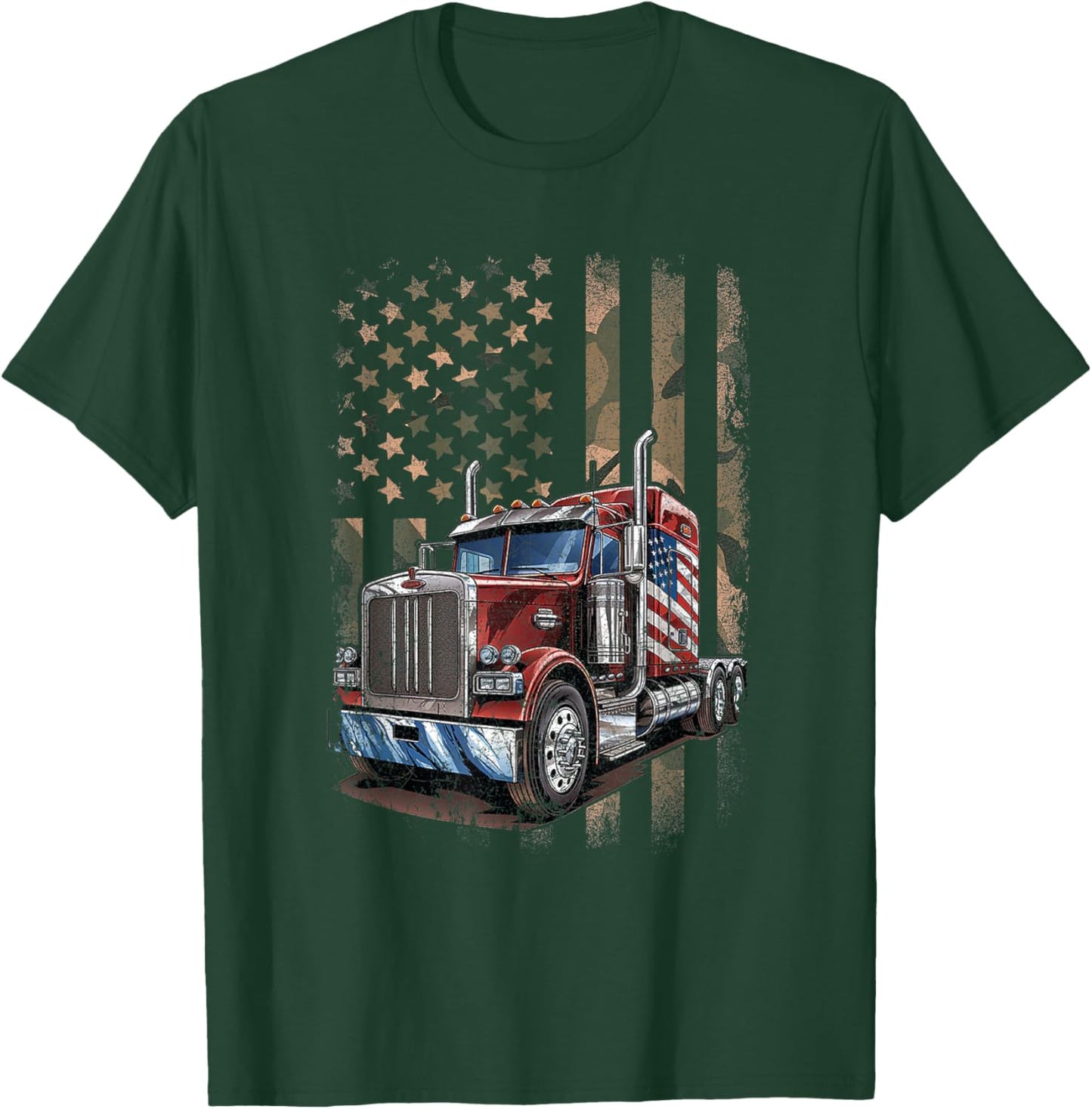 Truck Driver Camo USA American Flag Shirt Vintage Semi Truck T-Shirt - T-Shirt | Forest
