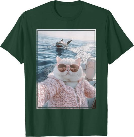 Cool Fat Cat Selfie on Yacht Boat with Shark Funny Cat Meme Women Kids T-Shirt - T-Shirt | Forest