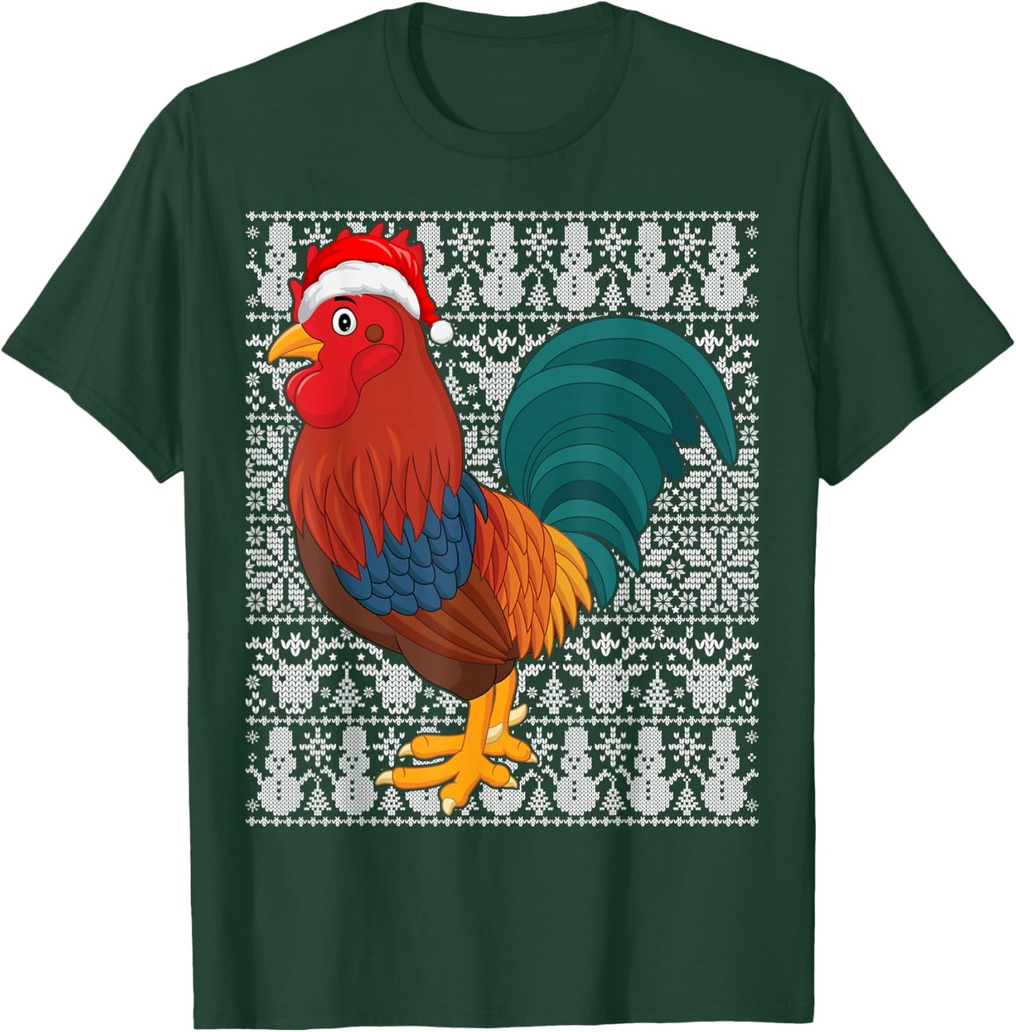 Rooster Bird Wearing Santa Hat Men Women Kids Ugly Christmas T-Shirt - T-Shirt | Forest