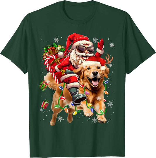 Merry Christmas 2025 Santa Riding Golden Retriever Dog Xmas T-Shirt - T-Shirt | Forest