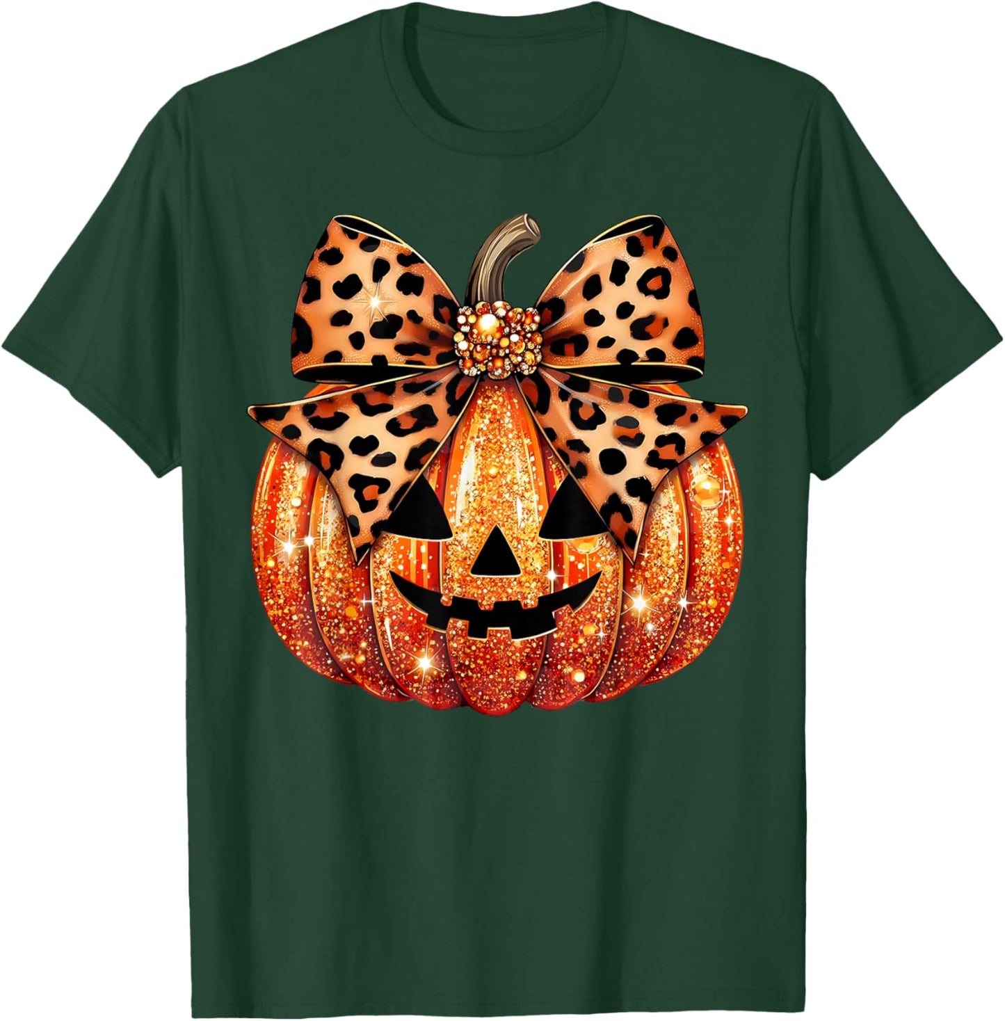 Sparkly Pumpkin Leopard Coquette Bow Pumpkin Girls T-Shirt - T-Shirt | Forest