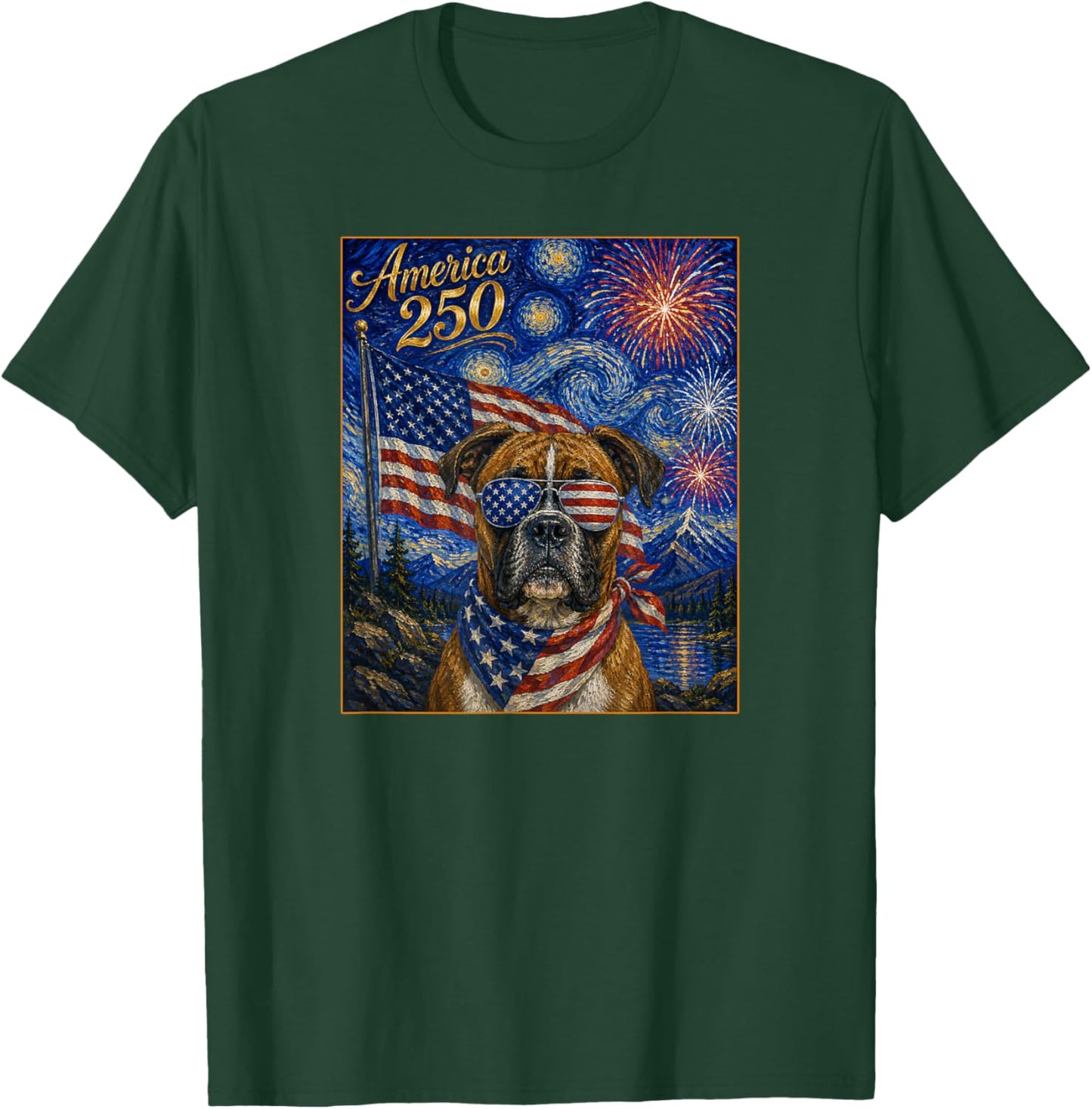Boxer Dog Art on America 250 Anniversay 4th of July USA Flag T-Shirt - T-Shirt | Forest
