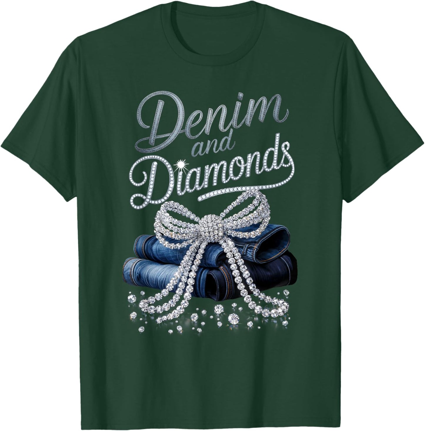 Denim and Diamonds Bow Western Cowgirl Ladies Girls Women T-Shirt - T-Shirt | Forest