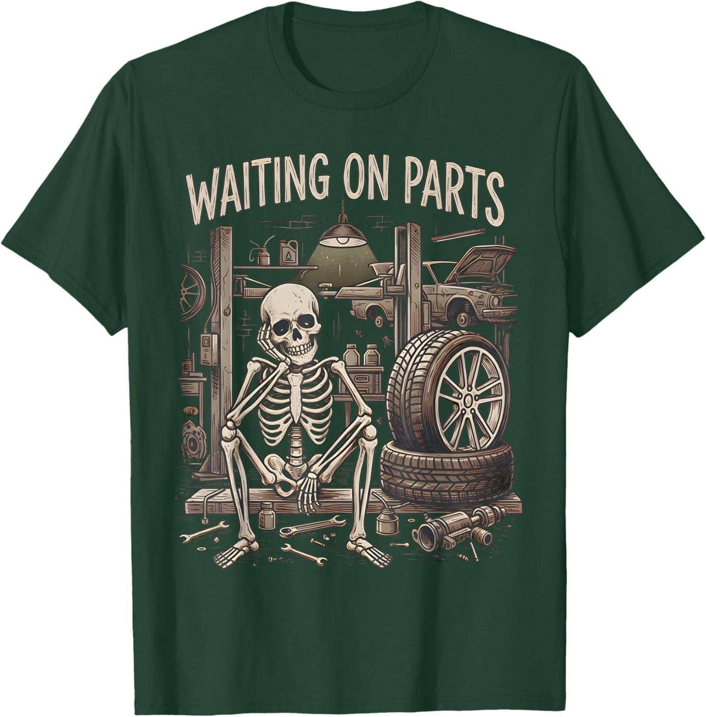 Waiting On Parts Funny Skeleton Auto Mechanic Technician T-Shirt - T-Shirt | Forest