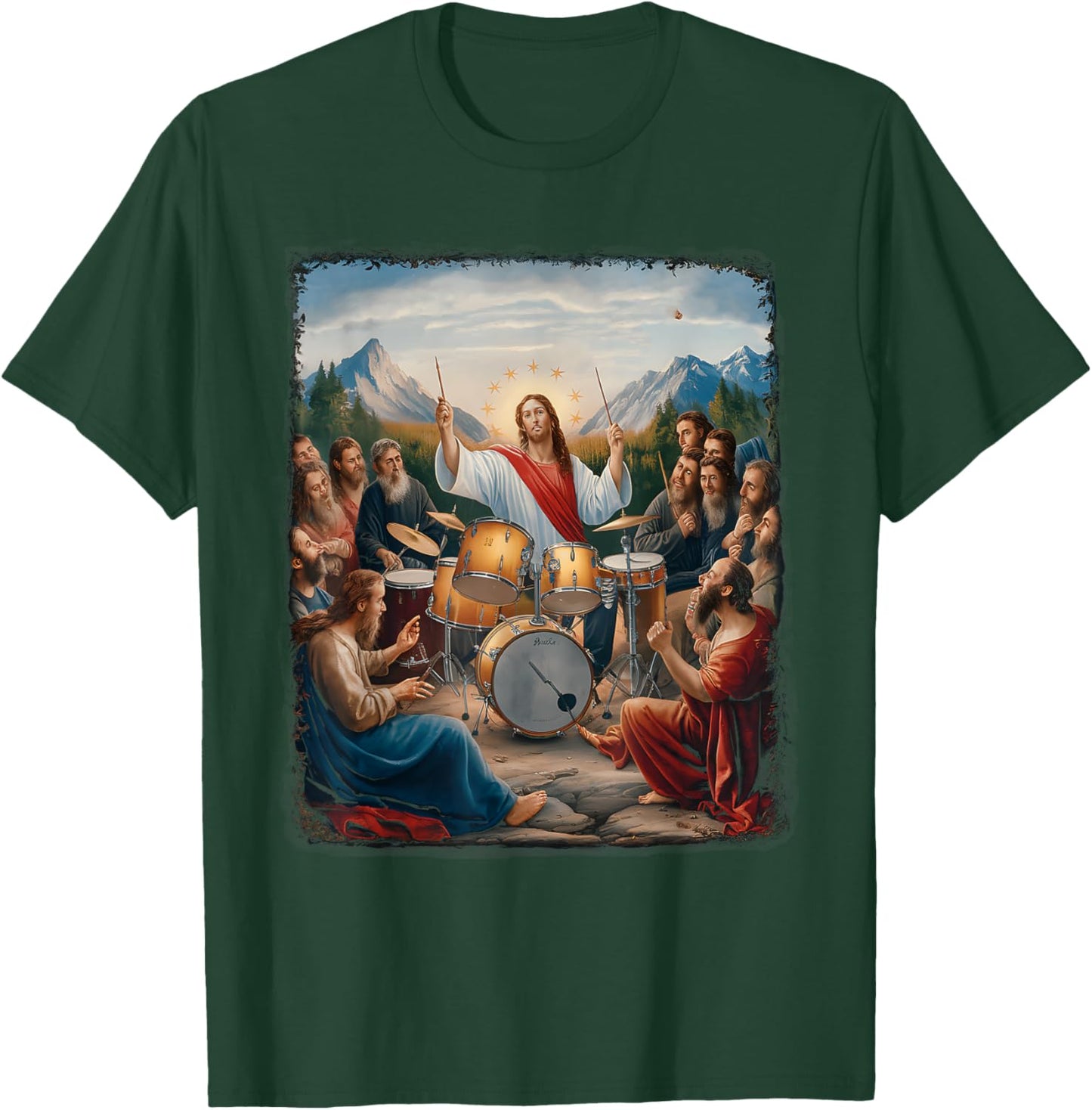 Jesus Playing Drums Funny Christian Drummer Painting T-Shirt - T-Shirt | Forest
