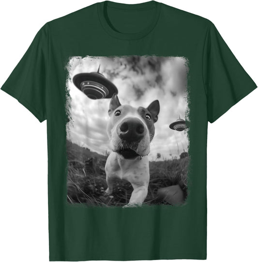 American Bull Terrier Dog UFO Alien Extraterrestrial Selfie T-Shirt - T-Shirt | Forest