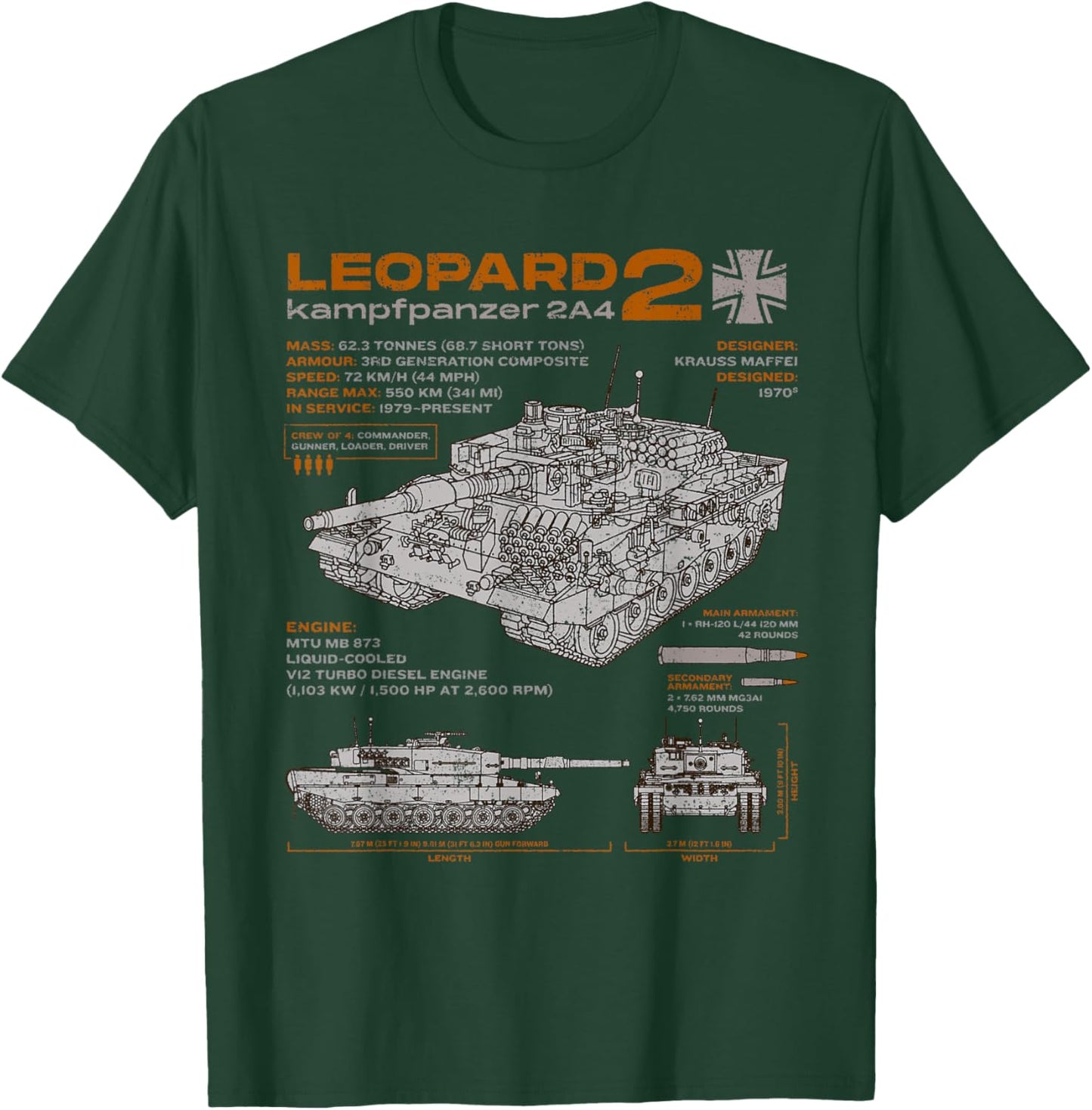 Leopard 2 2A4 Tank Armored Vehicle Blueprint Drawing T-Shirt - T-Shirt | Forest