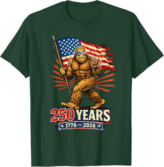 Bigfoot 250 Years USA Flag American 1776 2026 250th Birthday T-Shirt - T-Shirt | Forest