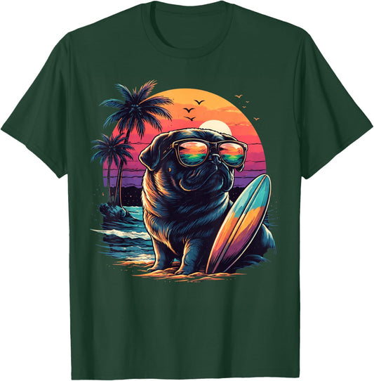 Funny Pug Lover Cute Colorful Surfing Puppy Summer Beach Sun T-Shirt - T-Shirt | Forest