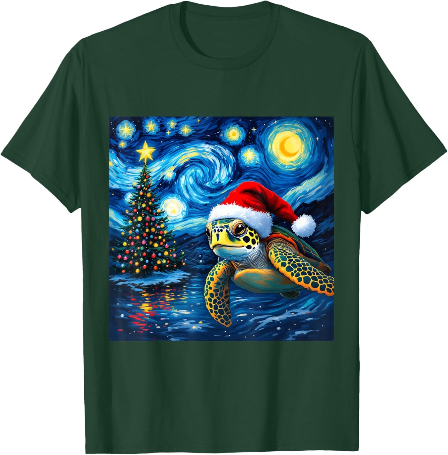 Christmas Sea Turtle Santa Hat Van Gogh Starry Night Holiday T-Shirt - T-Shirt | Forest