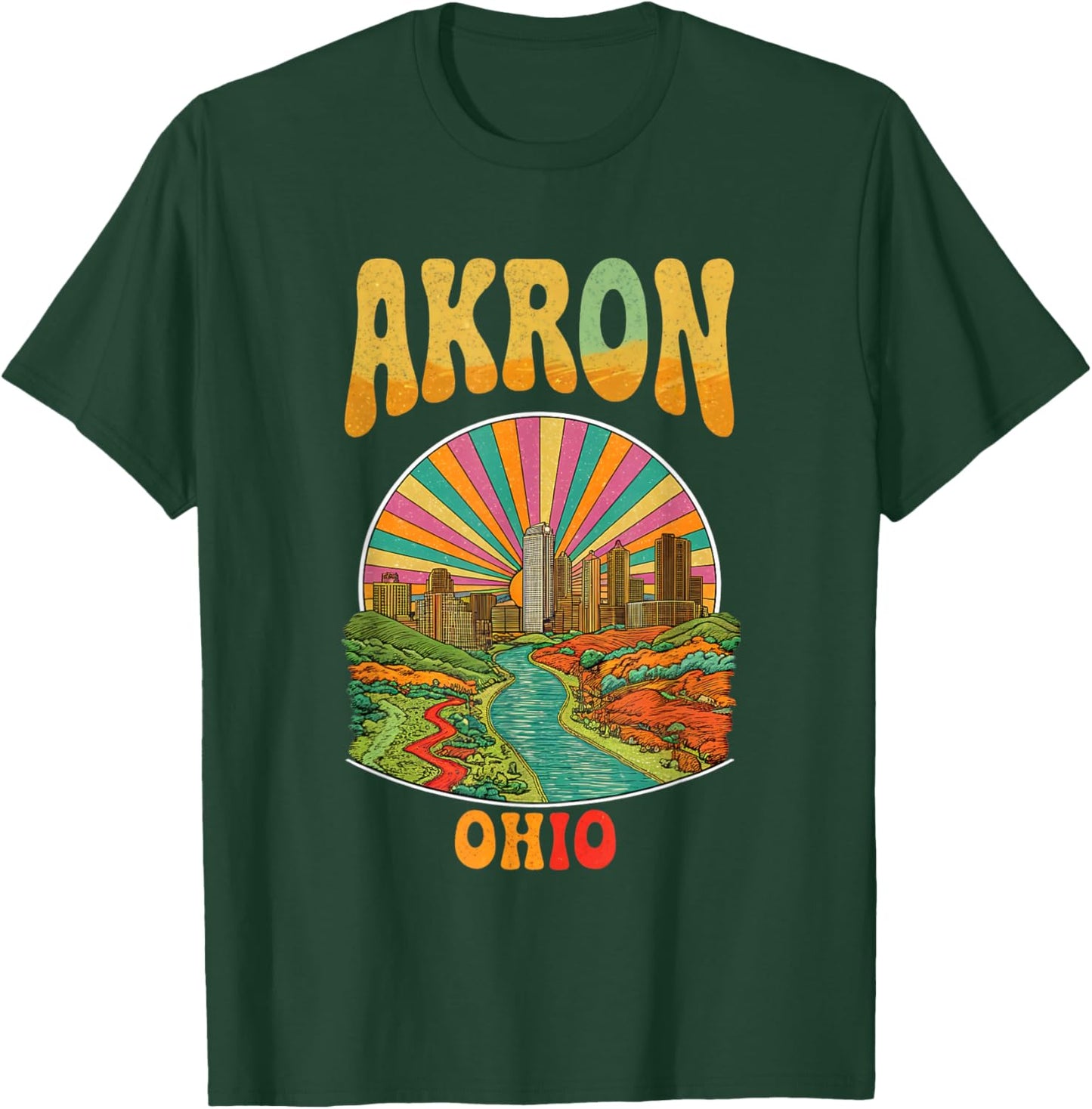 Vintage Akron Ohio Sunset Skyline Cityscape T-Shirt - T-Shirt | Forest