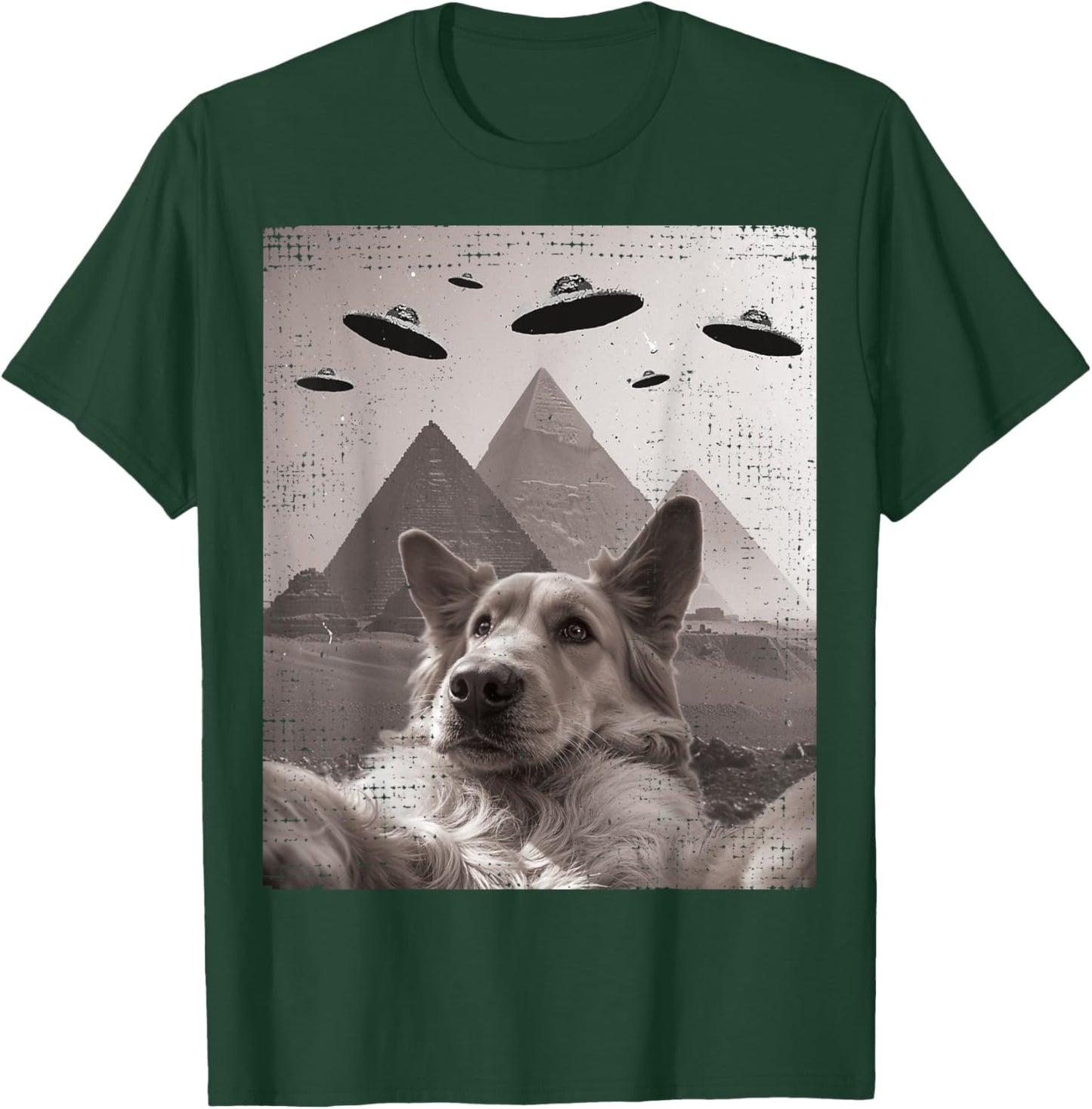 Dog UFO Meme - Funny Golden Retriever Dog Selfie with UFOs T-Shirt - T-Shirt | Forest