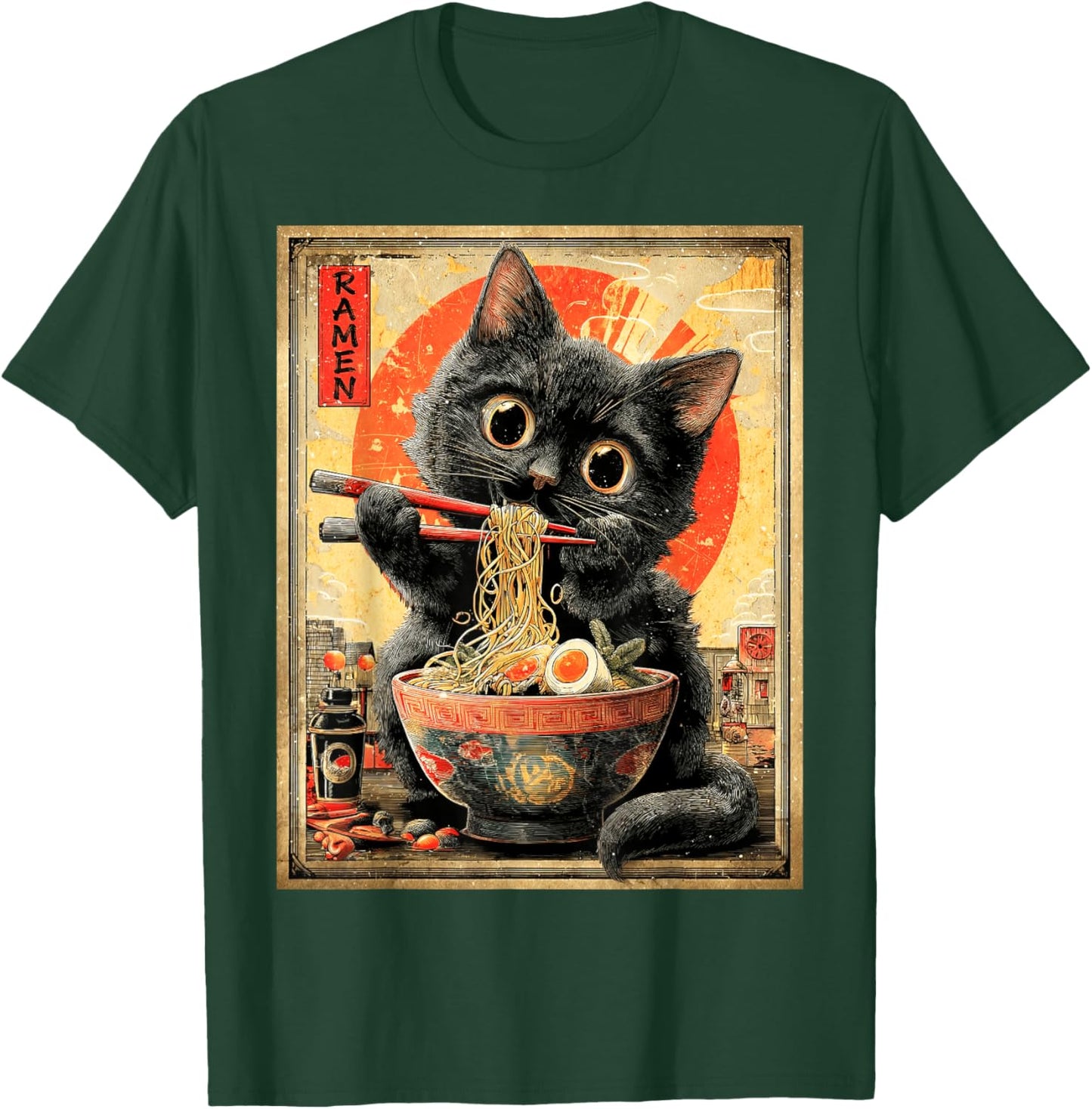 Funny Ramen Cat Anime Otaku Noodles Graphic T-Shirt - T-Shirt | Forest