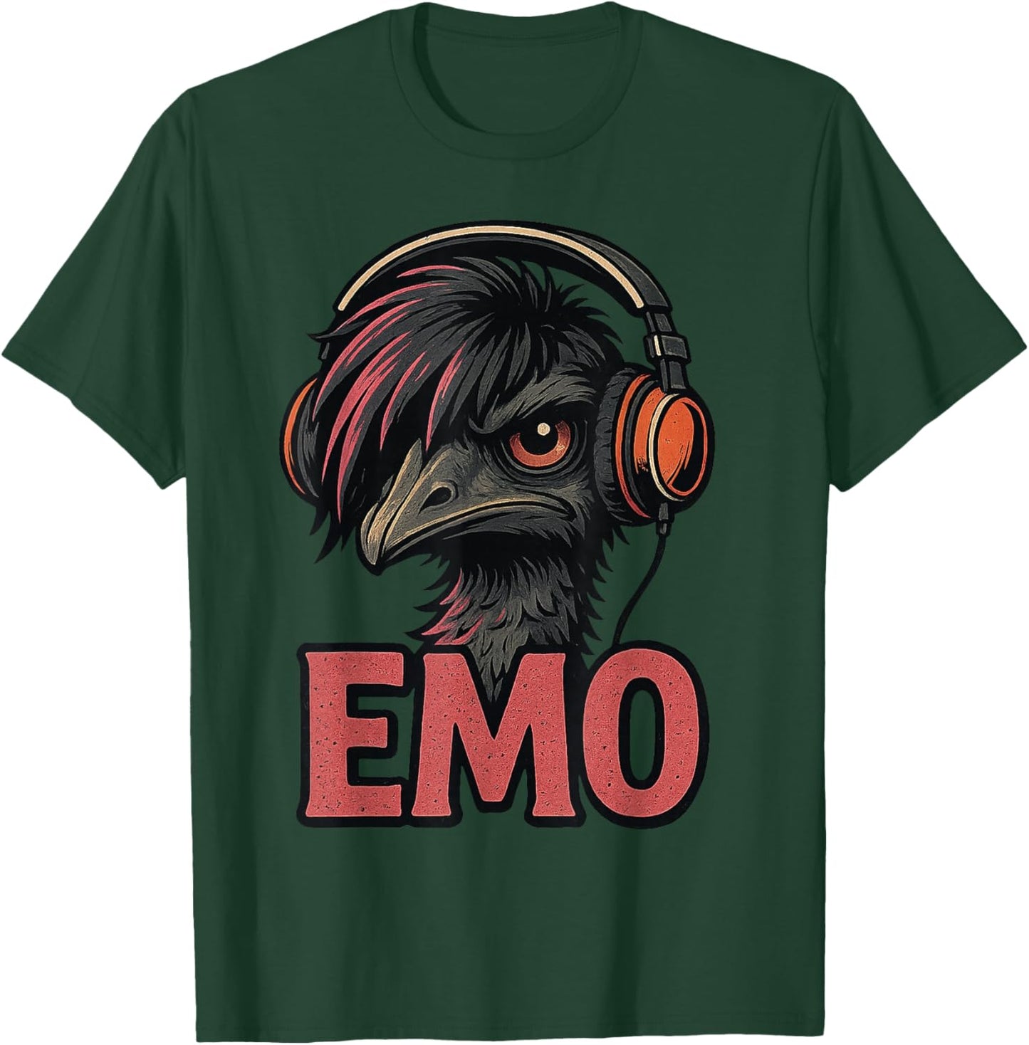 Emo Emu Vibes Alternative Bird with Headphones Retro Design T-Shirt - T-Shirt | Forest