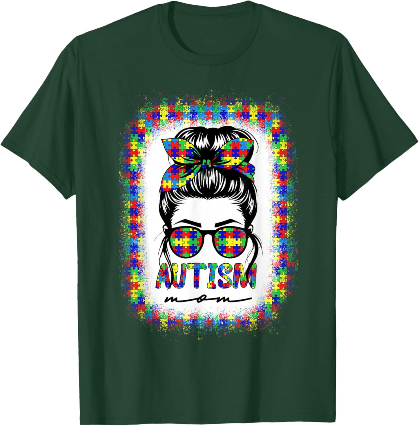 Autism Mom Messy Bun Puzzle Piece Awareness Mothers Day T-Shirt - T-Shirt | Forest