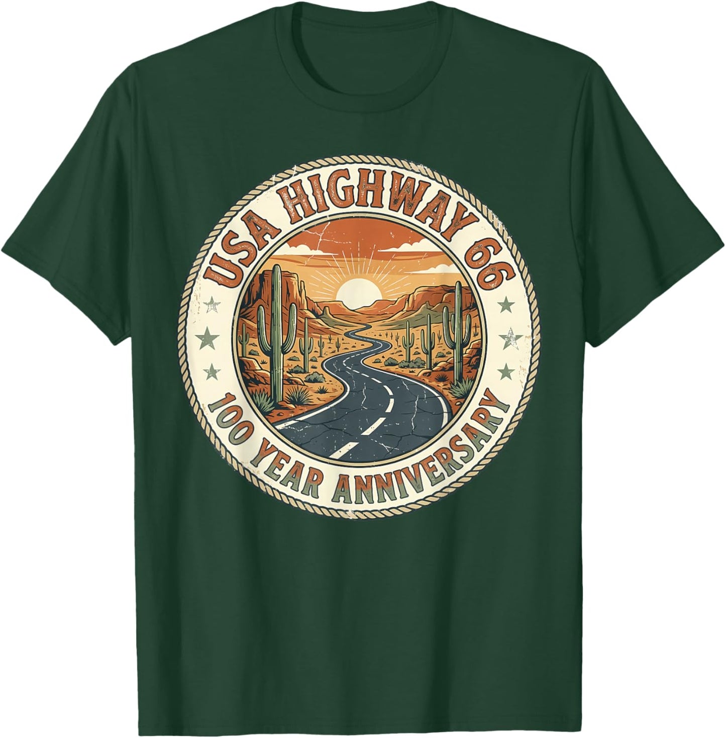 USA Highway 66 100 Year Anniversary Centennial Rope Badge T-Shirt - T-Shirt | Forest