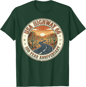 USA Highway 66 100 Year Anniversary Centennial Rope Badge T-Shirt - T-Shirt | Forest